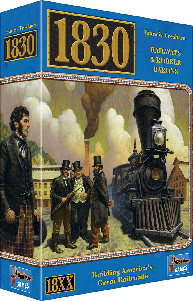 Box cover of 1830: Railways & Robber Barons - Revised Edition featuring three men standing beside a steam locomotive