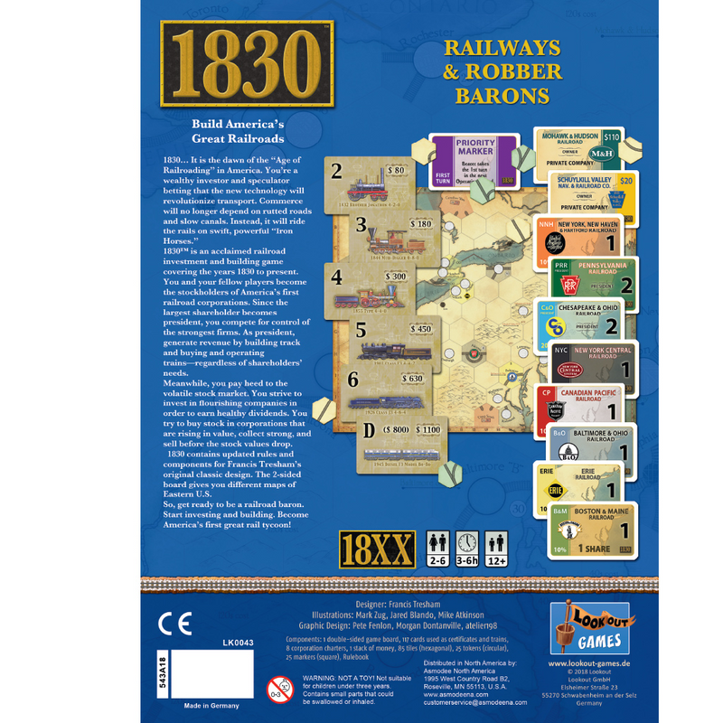 Box back cover of 1830 showing hexagonal rail map and components