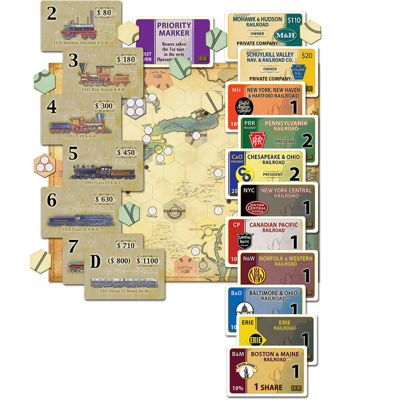 Close-up of the game board with hexagonal track tiles and train tokens placed on various routes