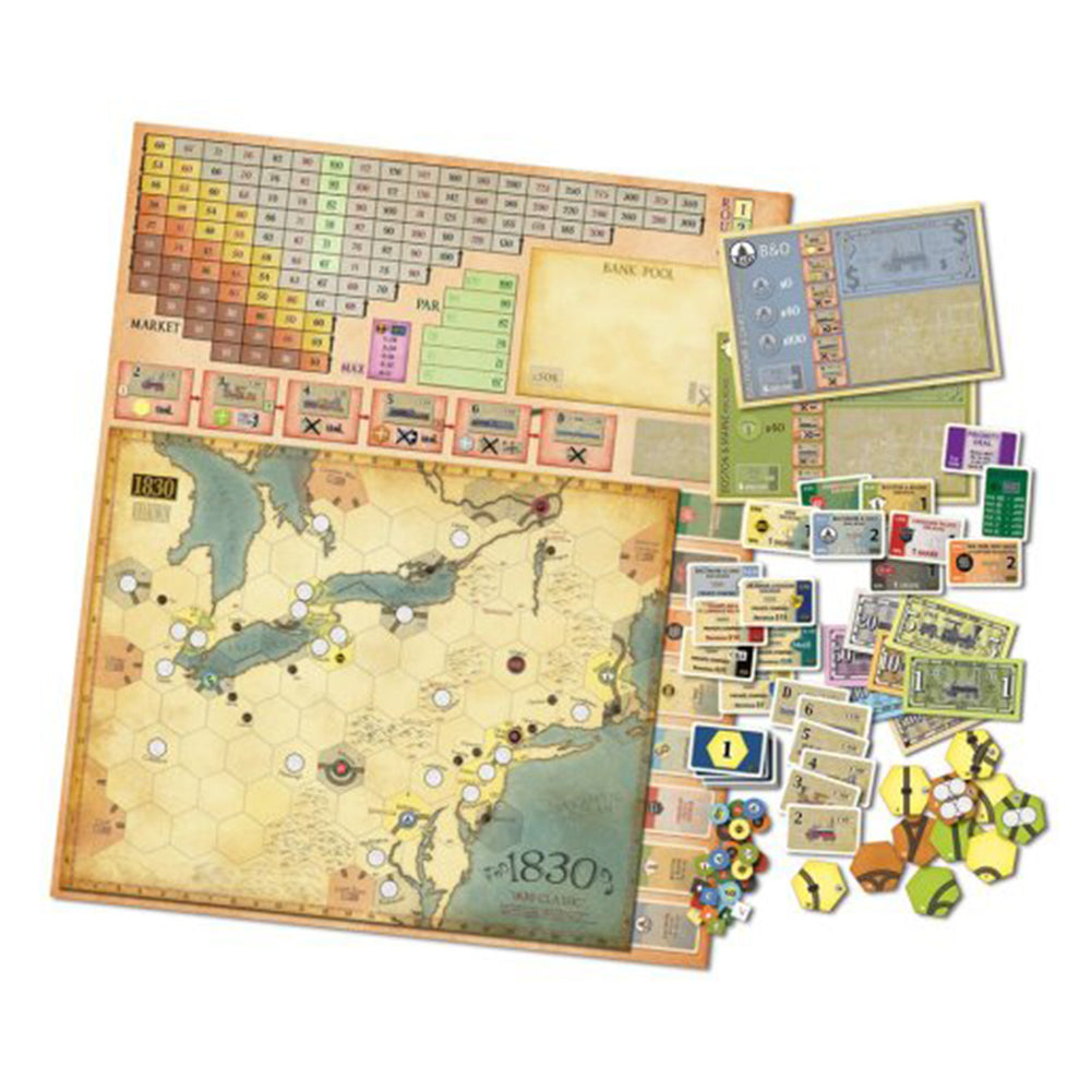 Overview of the game setup showing the board, company charters, stock certificates, and player tokens arranged for play