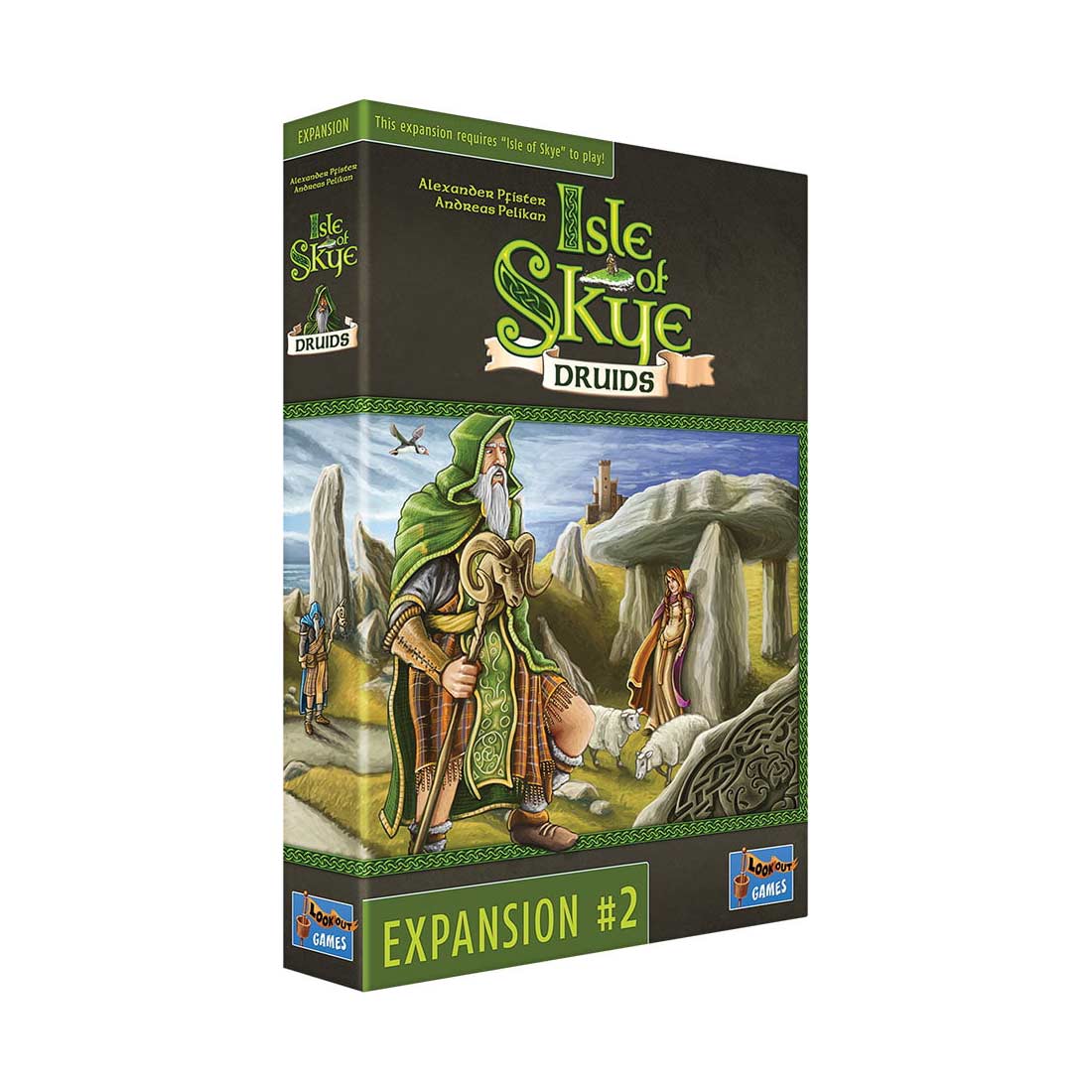 A board game box for Isle of Skye Druids shows a robed man holding a staff among standing stones and sheep, with a castle in the distance