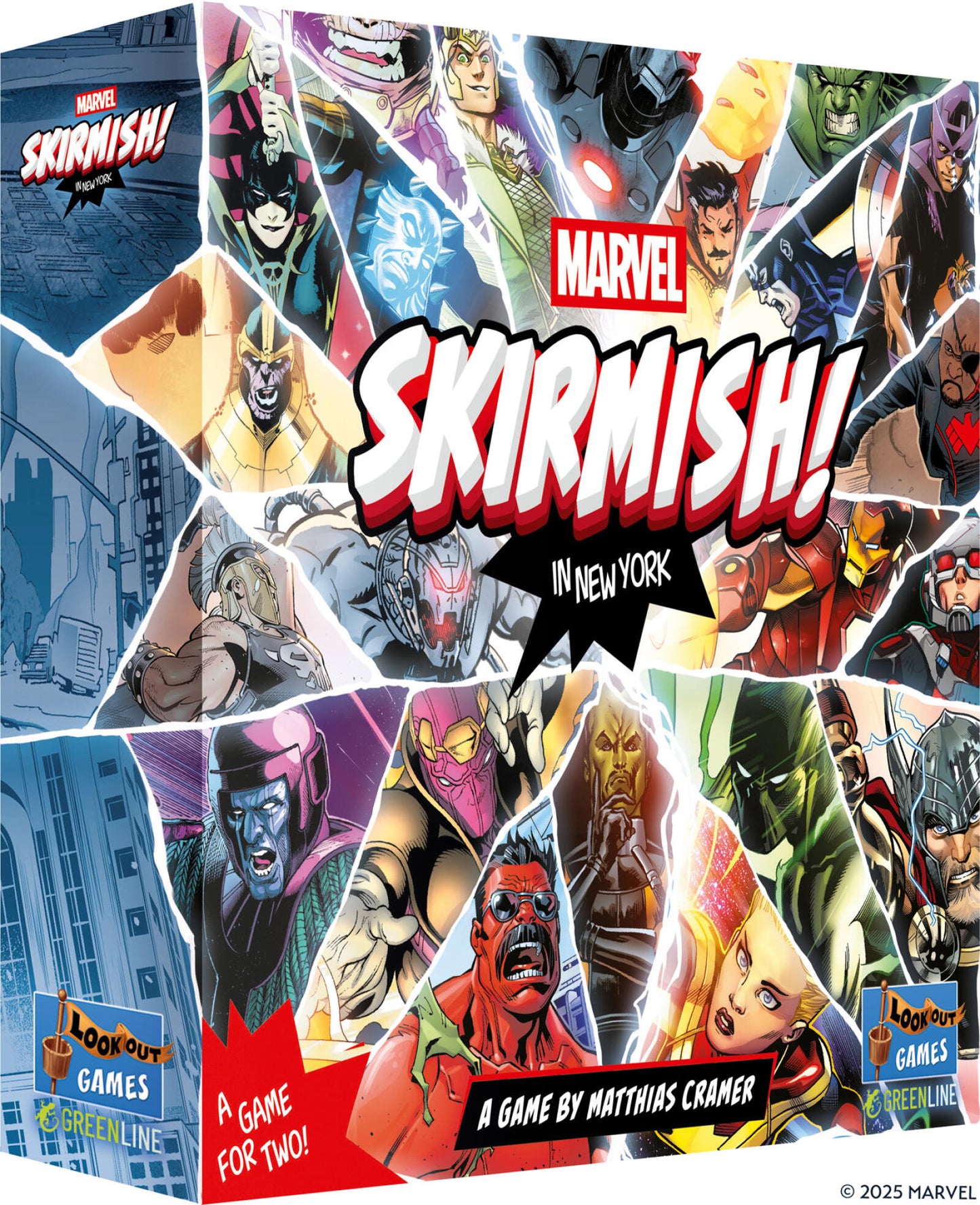 A 3D view of the Marvel Skirmish! In New York board game box displays a vibrant comic art collage of heroes and villains like Iron Man Hulk and Captain Marvel