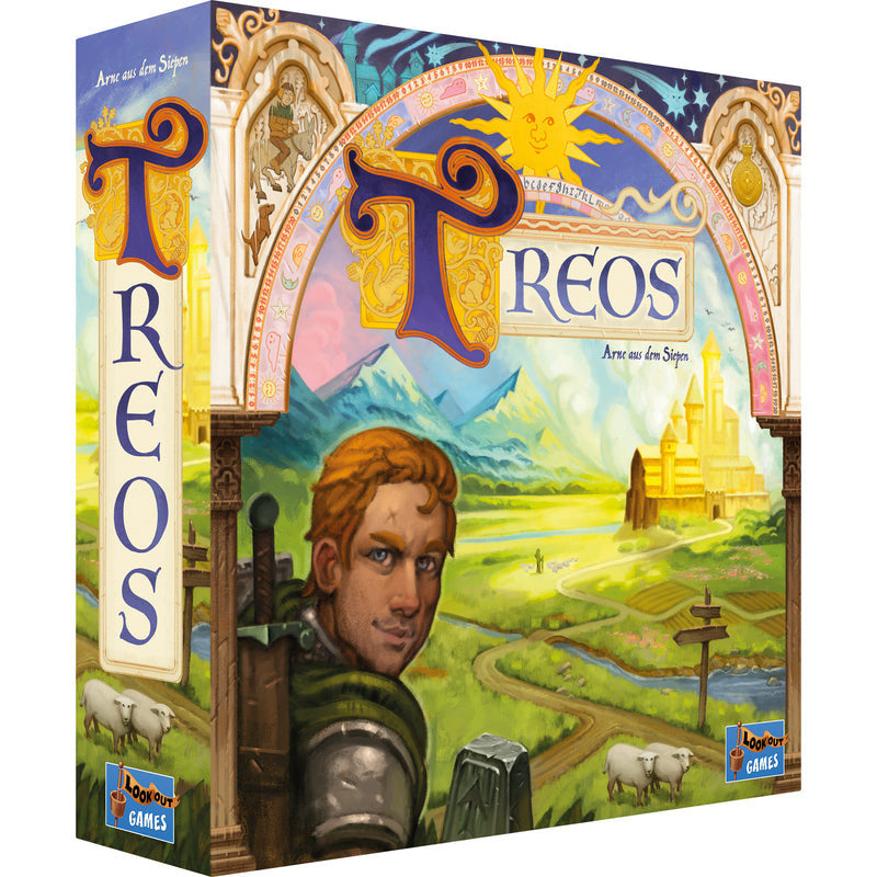 Lookout Games Treos board game box with fantasy art of knight in front of green fields and golden castle