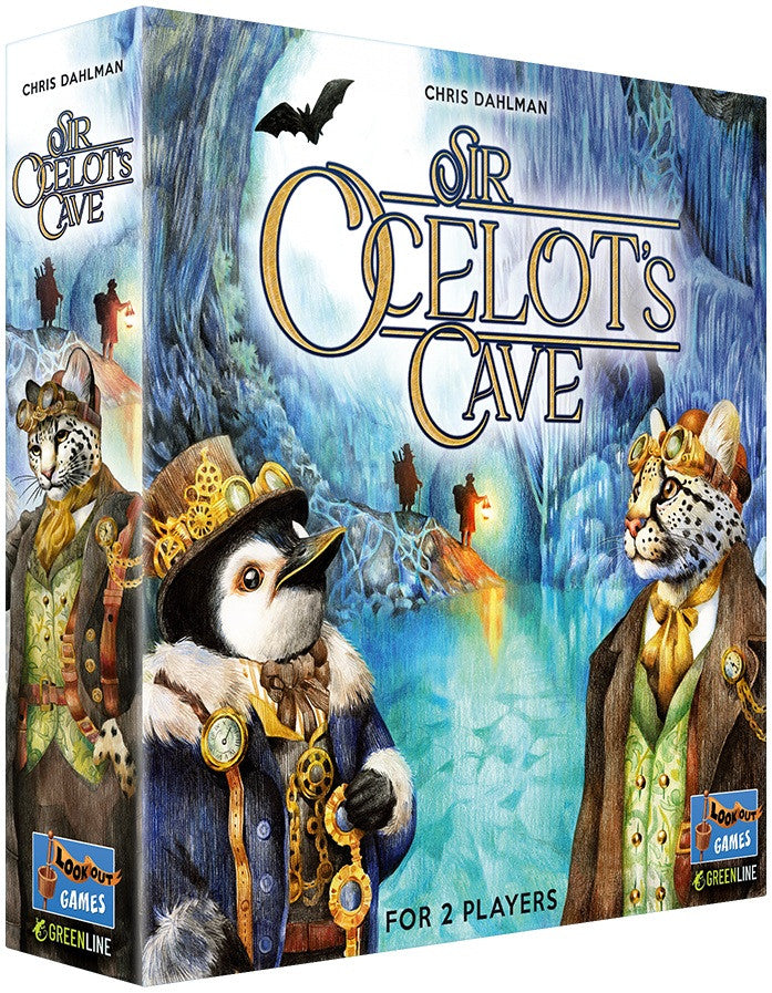 Sir Ocelot&#39;s Cave board game box for 2 players featuring steampunk penguin and ocelot in cave