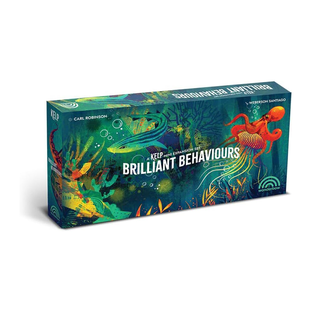 Brilliant Behaviours Mini Expansion Set box for the Kelp board game, illustrated with a blue shark and an orange octopus