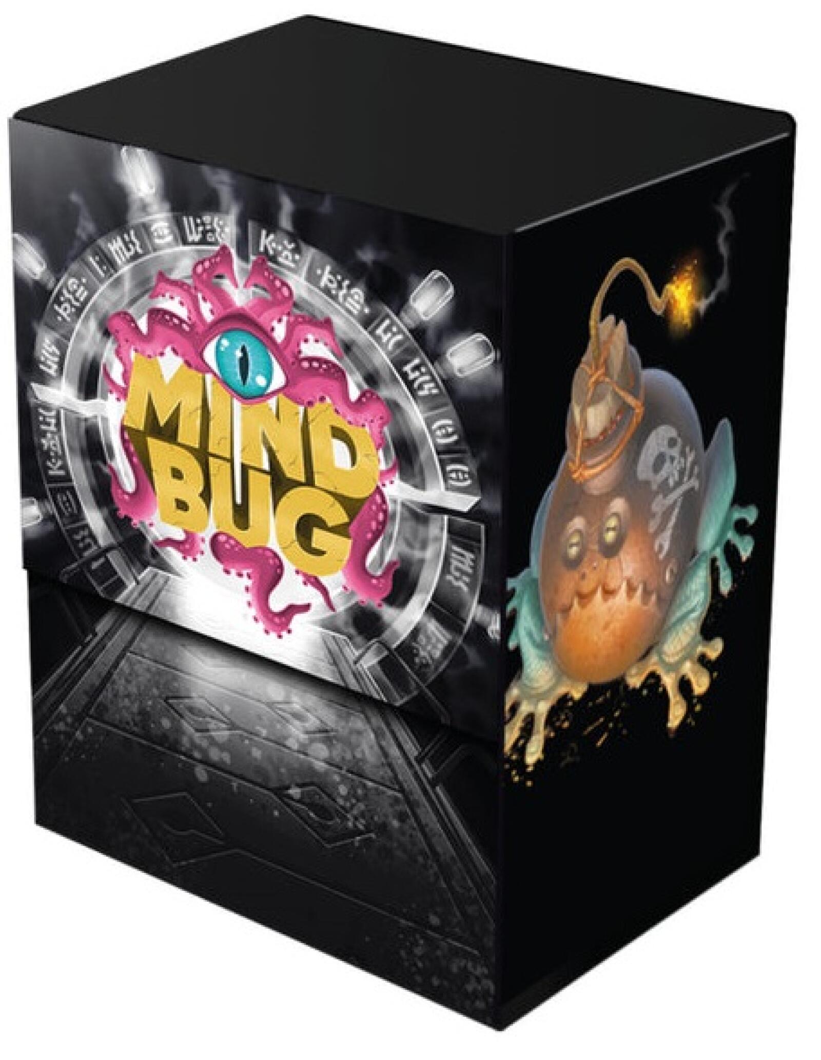 Ghost Galaxy Mindbug Magnetic Storage Box featuring game art with a pink tentacled eye and yellow text on the front, and a bomb-like creature on the side