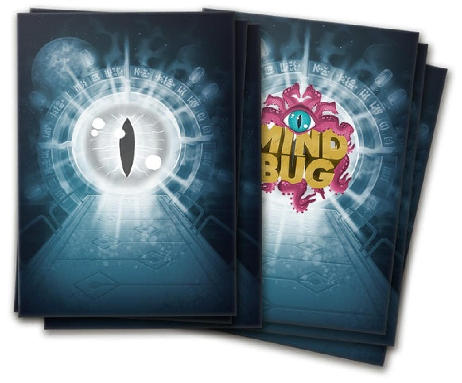 A stack of Mindbug Beyond card sleeves with two designs: one featuring a glowing eye and the other a pink tentacled monster with the Mindbug title on a cosmic blue background