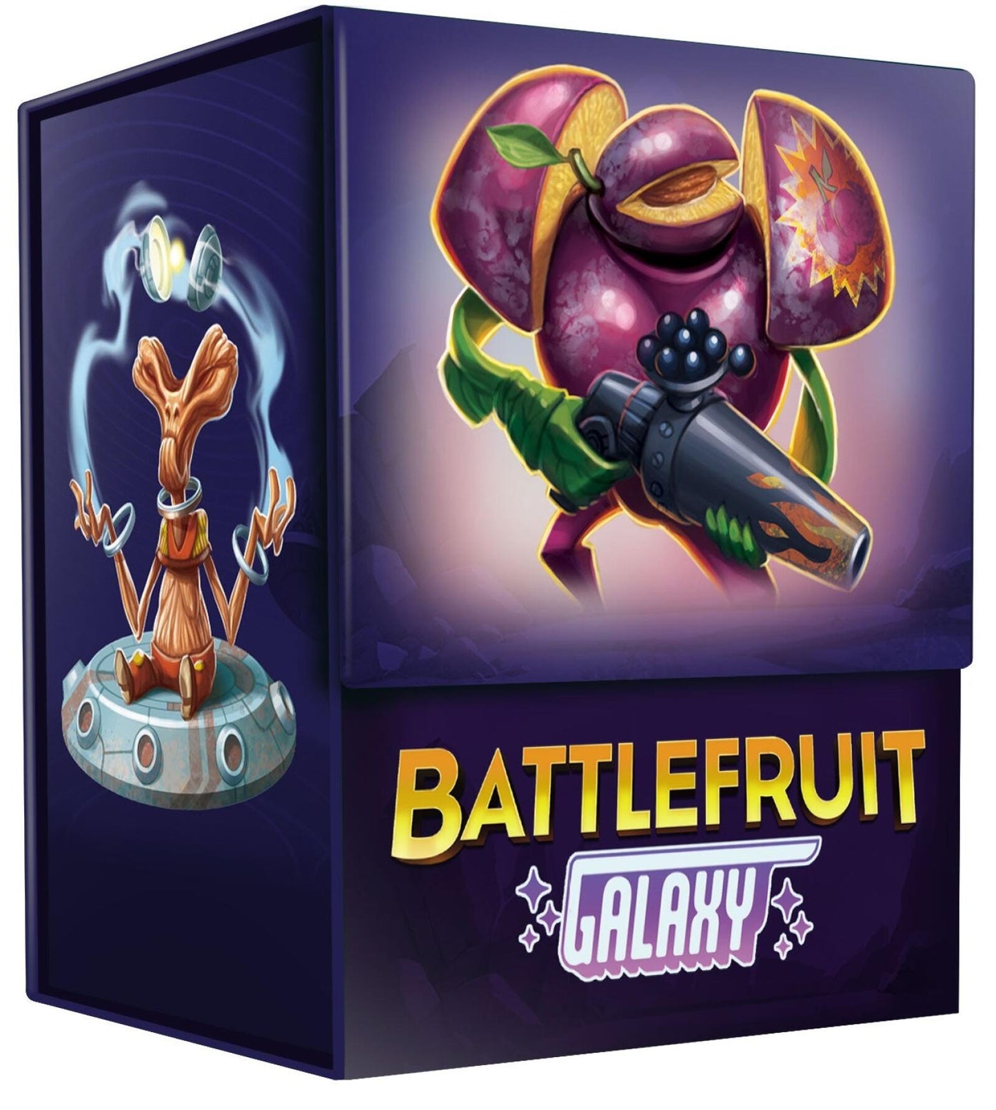 Battlefruit Galaxy game box shows a twig creature on a futuristic platform and a plum-like alien with a weapon against a space background