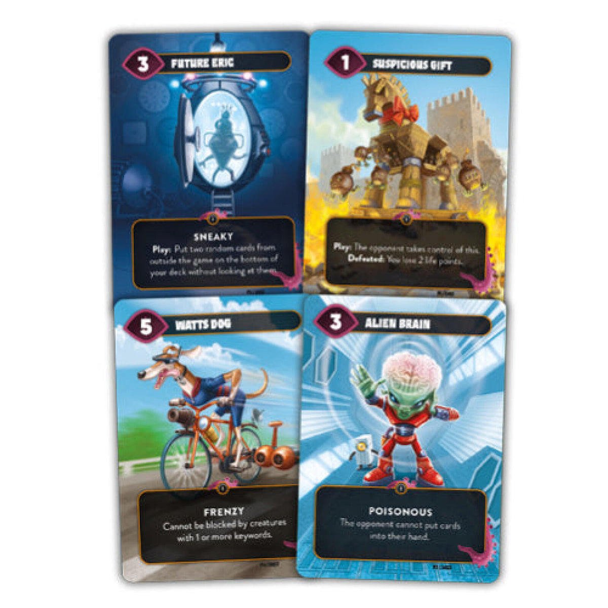 Four Ghost Galaxy Mindbug promo cards are displayed, featuring Future Eric in a time machine, a Trojan horse, a dog on a bike, and an alien with an exposed brain
