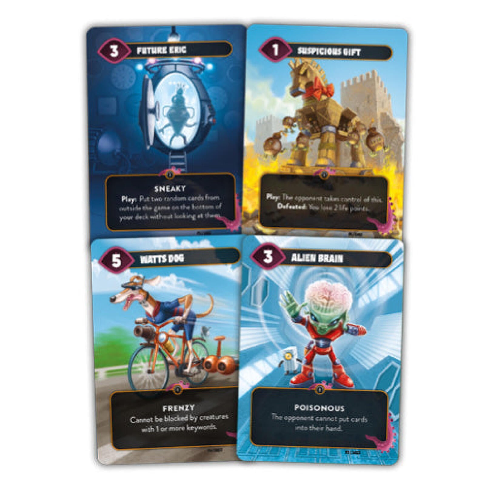Four Ghost Galaxy Mindbug promo cards are displayed, featuring Future Eric in a time machine, a Trojan horse, a dog on a bike, and an alien with an exposed brain
