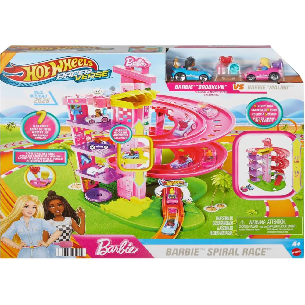A pink Barbie Hot Wheels spiral race track playset with toy cars and an elevator is shown on its box