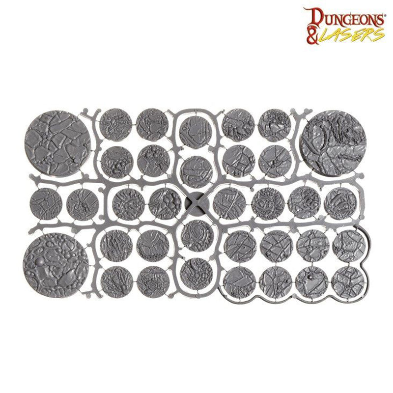 Unpainted sprue with 30+ detailed, textured fantasy miniature bases in various sizes