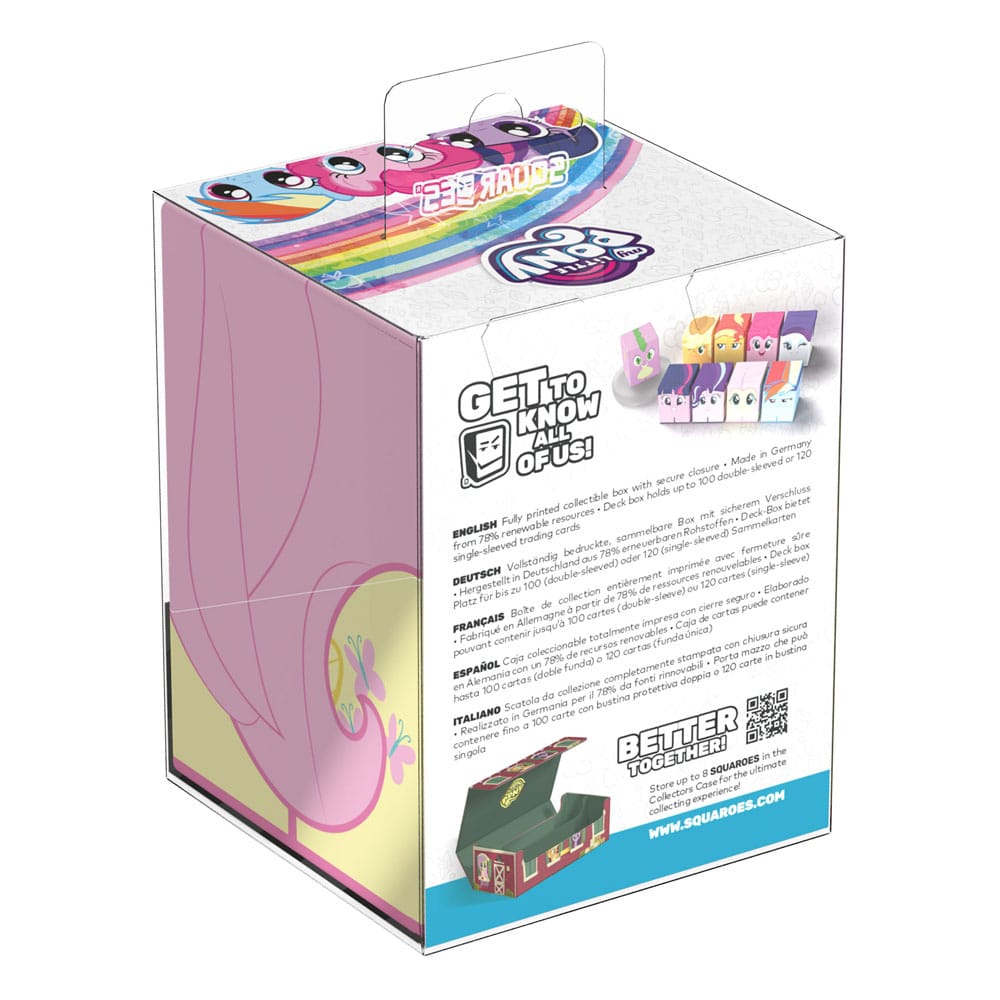 A pink and yellow My Little Pony Squaroe collectible box with a rainbow character design on the lid and product details on the side