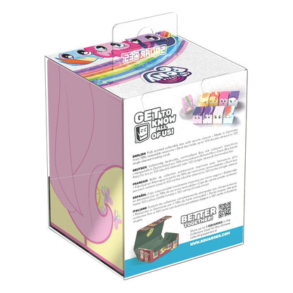 A pink and yellow My Little Pony Squaroe collectible box with a rainbow character design on the lid and product details on the side