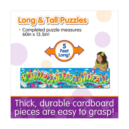 A child plays with a 5-foot long alphabet caterpillar floor puzzle