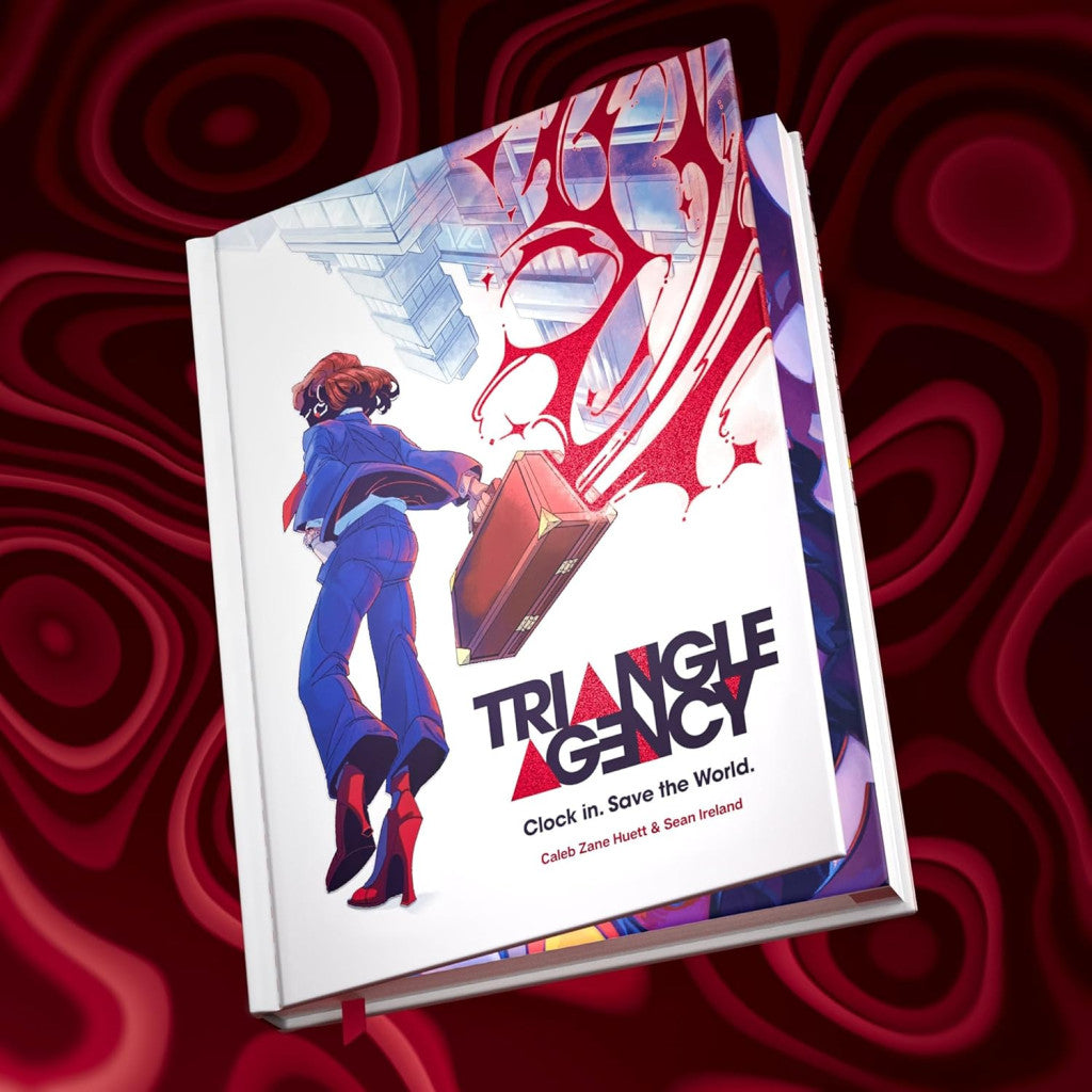 Triangle Agency book cover; agent in blue suit holding a briefcase, walking away from an inverted skyscraper