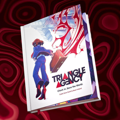 Triangle Agency book cover; agent in blue suit holding a briefcase, walking away from an inverted skyscraper