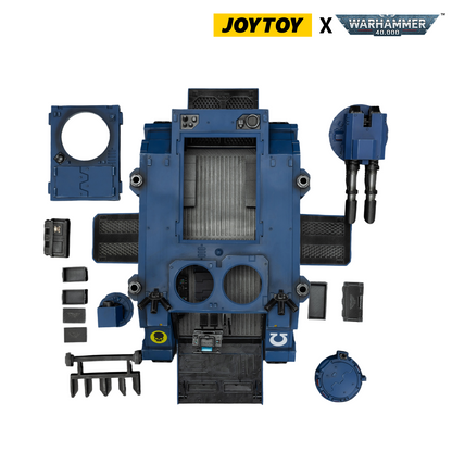 Modular blue vehicle model kit components (JoyToy/WH40K), disassembled and laid out, including weapons