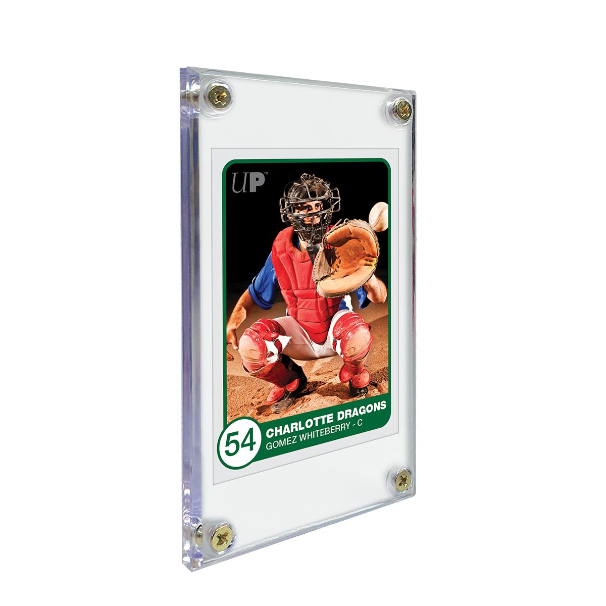 A baseball card showing a crouched catcher, ready to catch a ball, encased in a clear screw-down holder