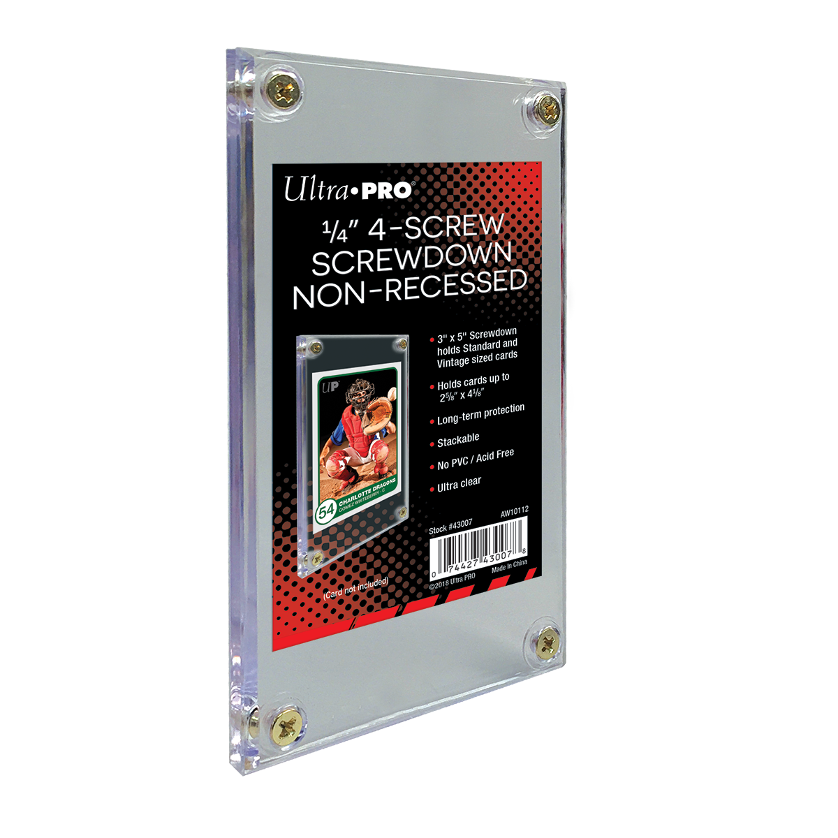 A clear Ultra PRO 4-screw screwdown card holder, its label shows a sample baseball card and details protective features