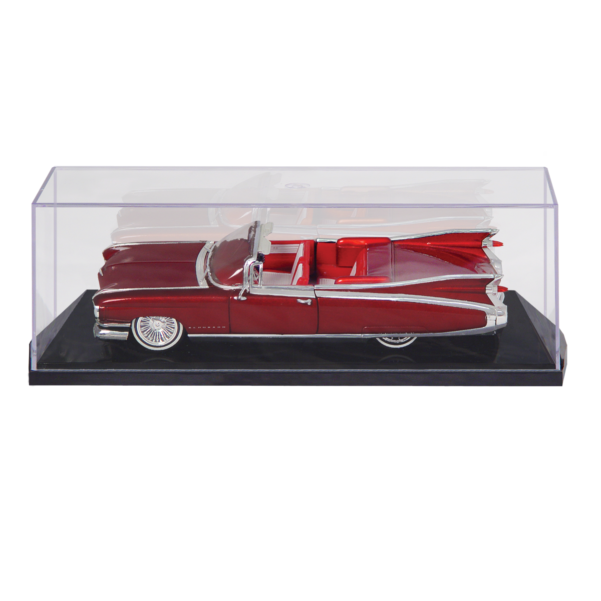 A red classic convertible model car with chrome accents displayed in a clear acrylic case
