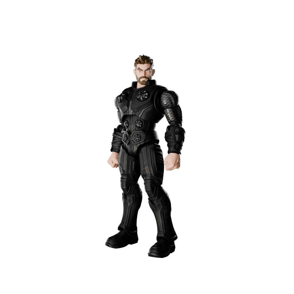 Thor action figure wearing a full black armored suit