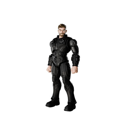 Thor action figure wearing a full black armored suit