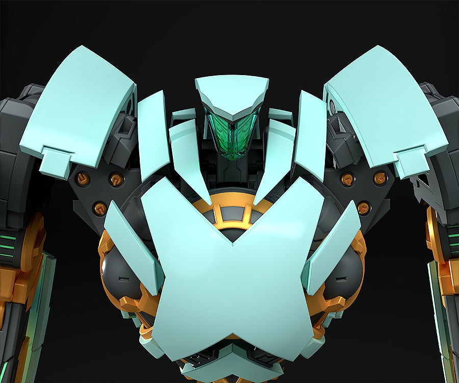 Detailed close-up of a robotic figure with teal and gold plating and green visor