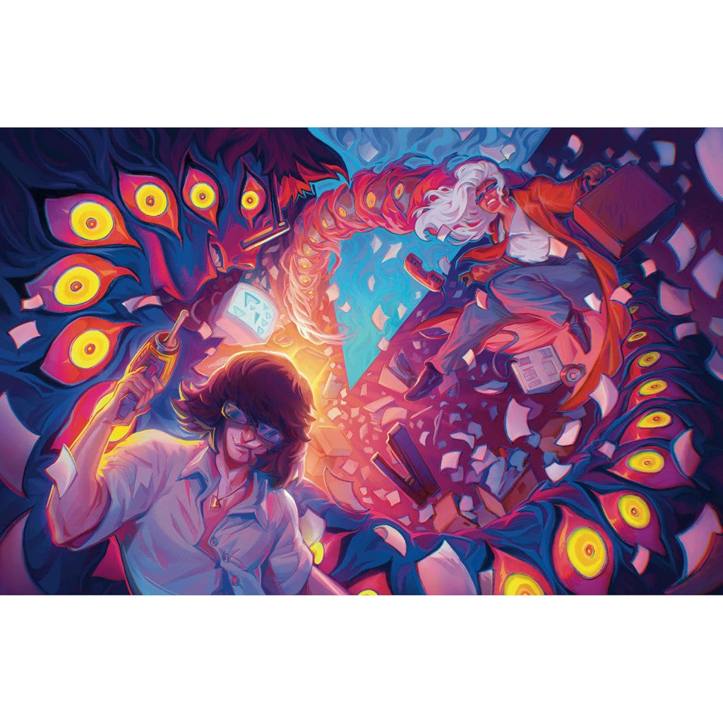 Vibrant, chaotic art of two figures battling a dark, multi-eyed monster. One holds a device, the other falls in a red coat with a briefcase, surrounded by papers