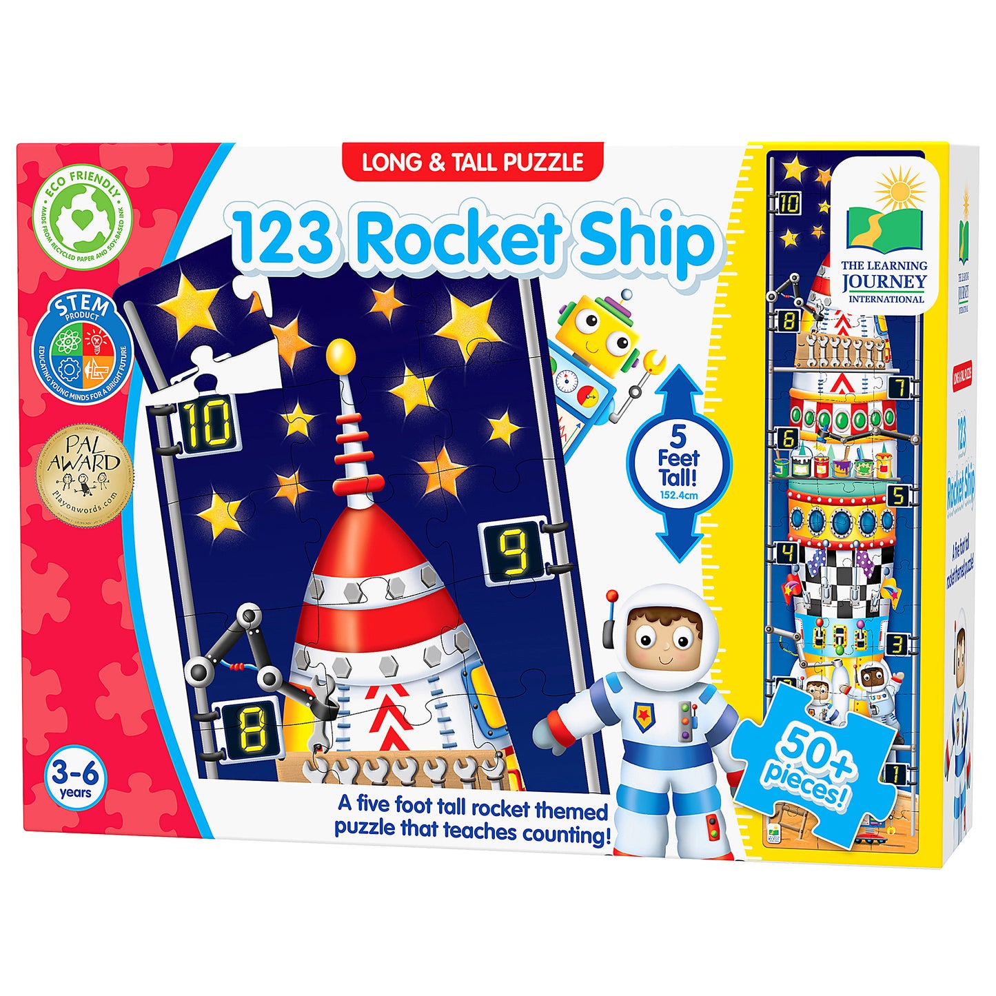 The Learning Journey "123 Rocket Ship" counting puzzle box, a 5-foot tall, 50+ piece floor puzzle showing a segmented rocket and astronaut