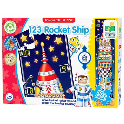 The Learning Journey "123 Rocket Ship" counting puzzle box, a 5-foot tall, 50+ piece floor puzzle showing a segmented rocket and astronaut