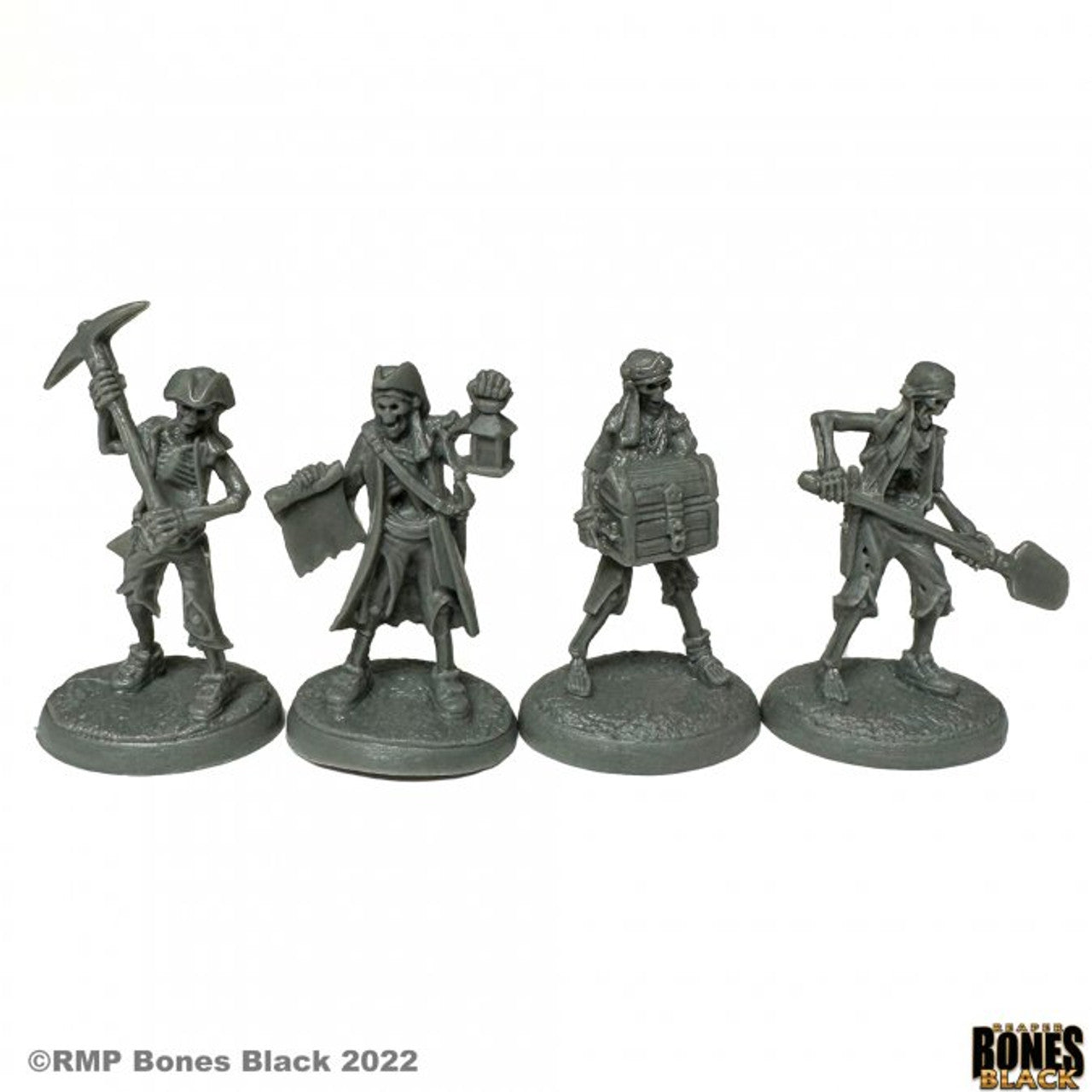 Four gray miniature skeletal pirate crew figures, one with a pickaxe, one with a map and lantern, one carrying a chest, and one digging with a shovel