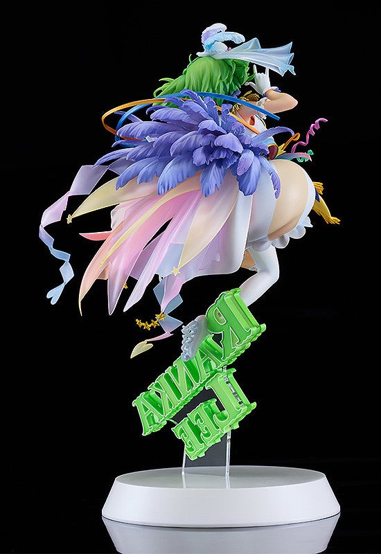 Colorful anime-style figure with long green hair a large purple feathered accessory and flowing pastel ribbons