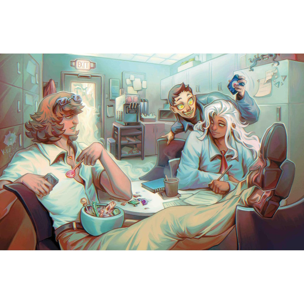 Three stylized coworkers relaxing in a messy office breakroom, one with glowing eyes observes