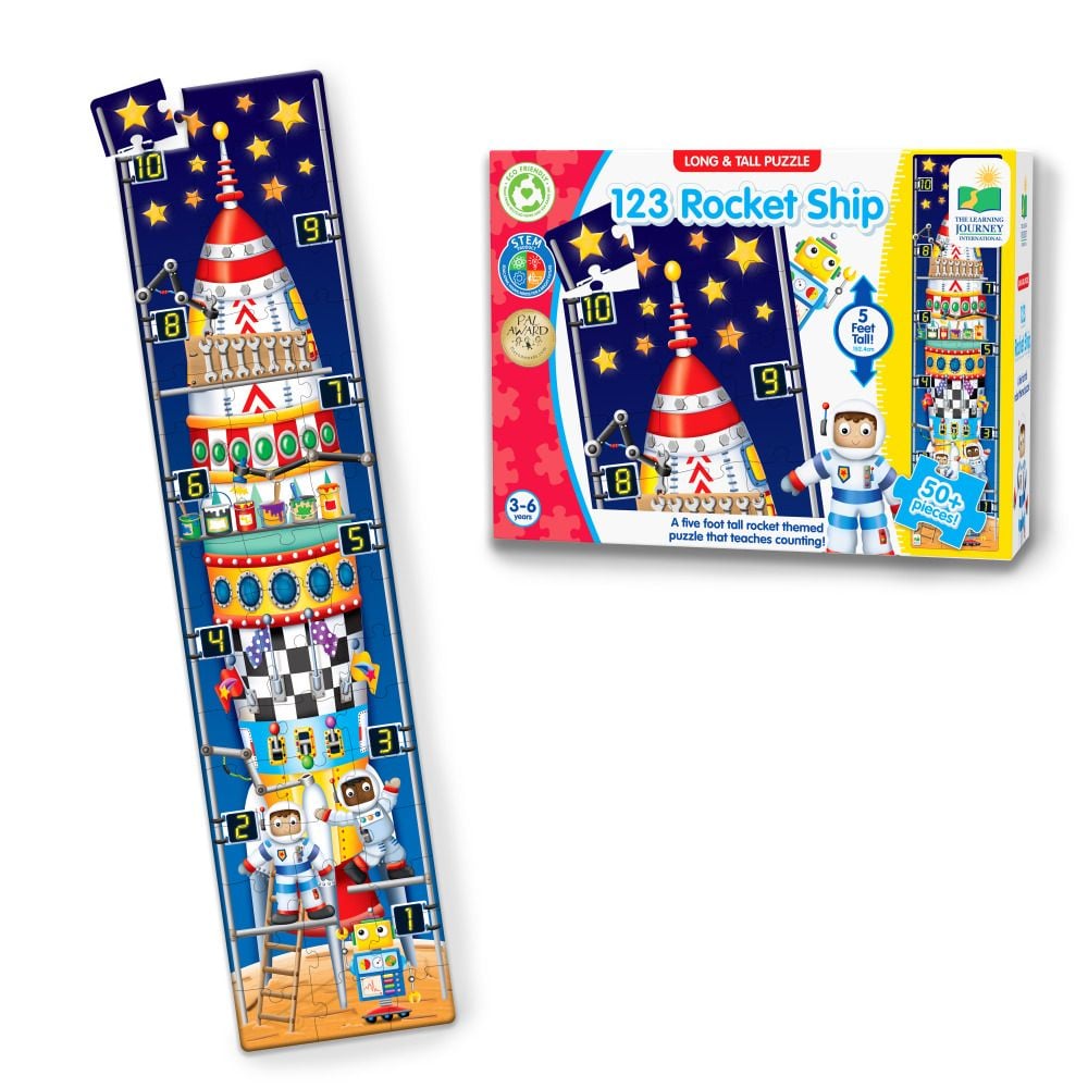 Long and tall 123 Rocket Ship floor puzzle and its retail box, the finished puzzle shows a segmented, numbered rocket with astronauts against a starry sky