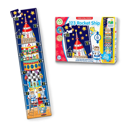 Long and tall 123 Rocket Ship floor puzzle and its retail box, the finished puzzle shows a segmented, numbered rocket with astronauts against a starry sky