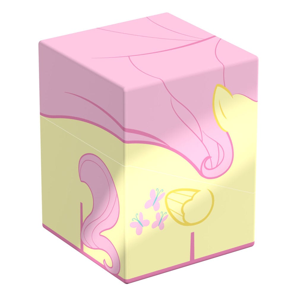 A cube-shaped Ultimate Guard Squaroe box with My Little Pony Fluttershy design, featuring her pink mane on the top and her butterfly cutie mark with tail on the yellow bottom