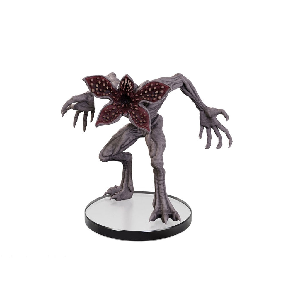 Demogorgon monster figure standing on a base, displaying its terrifying gray body, sharp claws, and open, petaled head