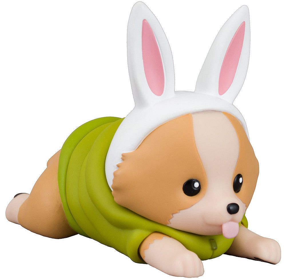 Figure wearing a green sweater and white bunny ears with pink inner ears on white background