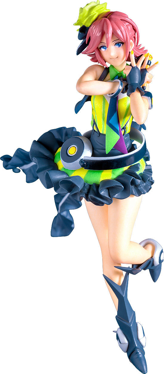 Anime figure of a girl with pink hair in a brightly colored outfit posing against clean background