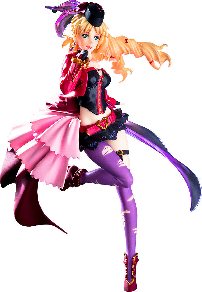 Anime figurine of a blonde woman in a red jacket black corset and pink tiered skirt striking a pose
