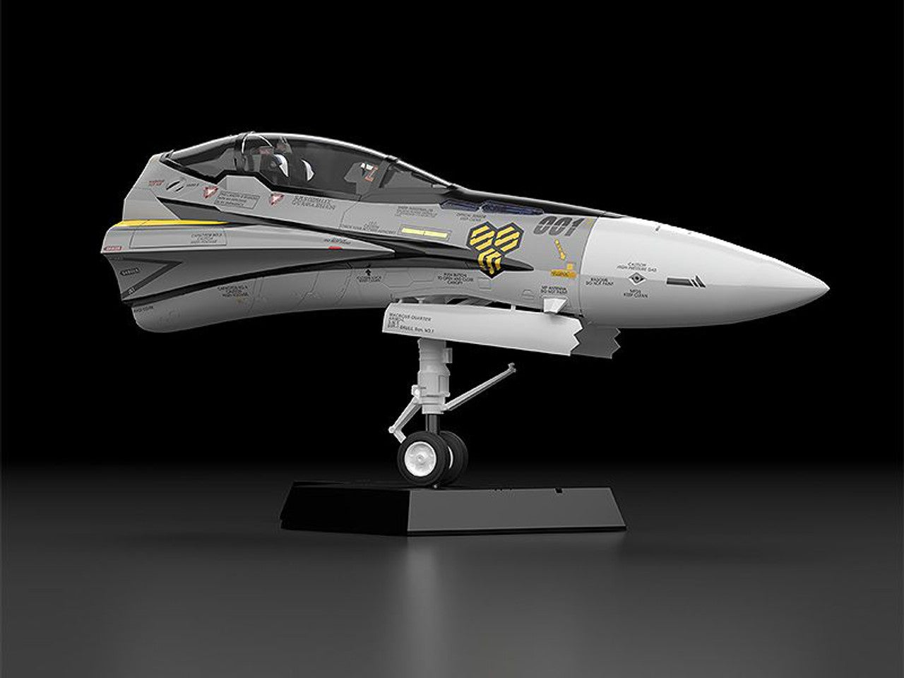 Macross F PLAMAX VF-25S fighter nose model in grey and white on a black stand