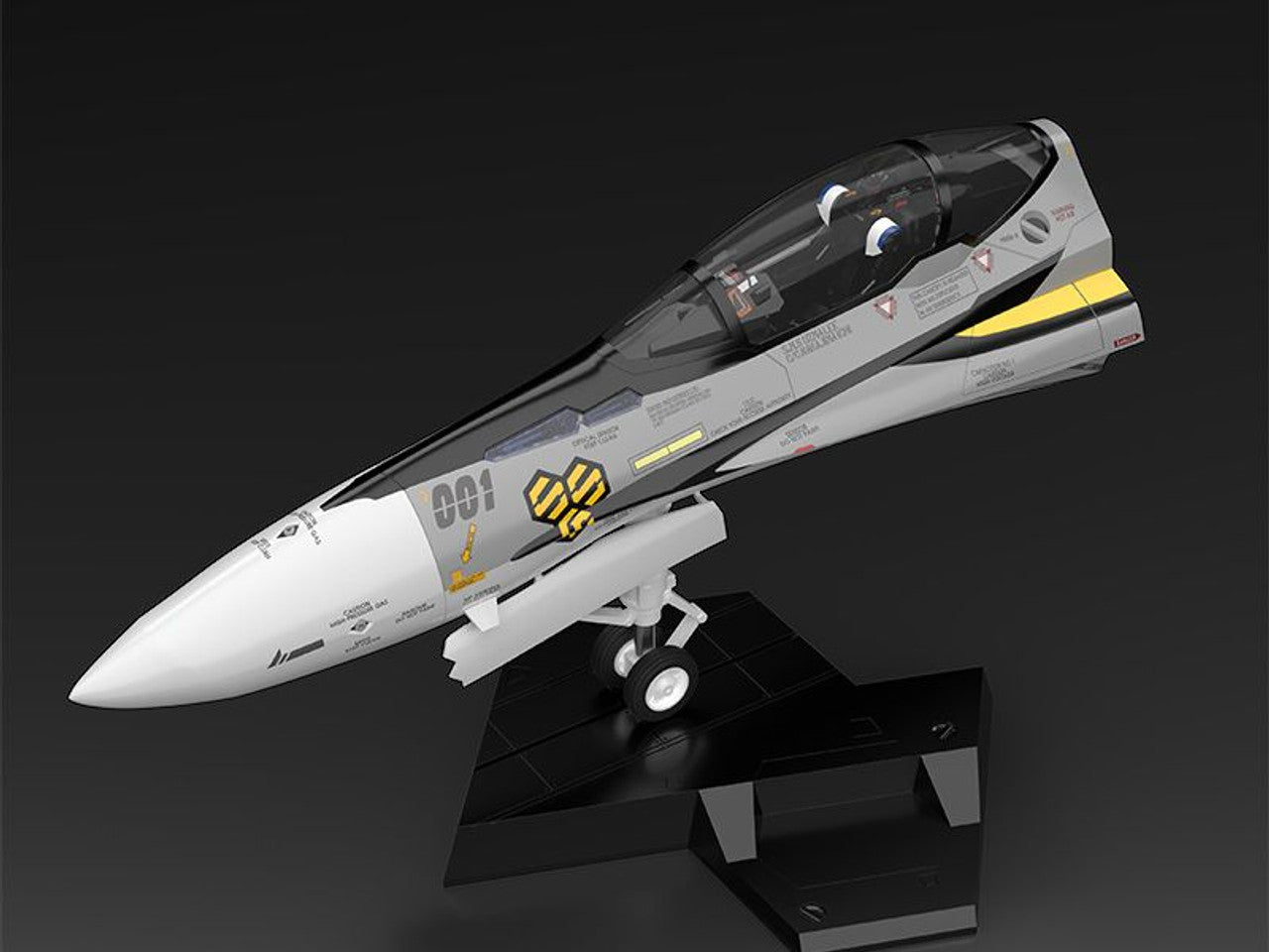 Macross F PLAMAX minimum factory VF-25S fighter nose kit grey and white with yellow accents on a black display stand