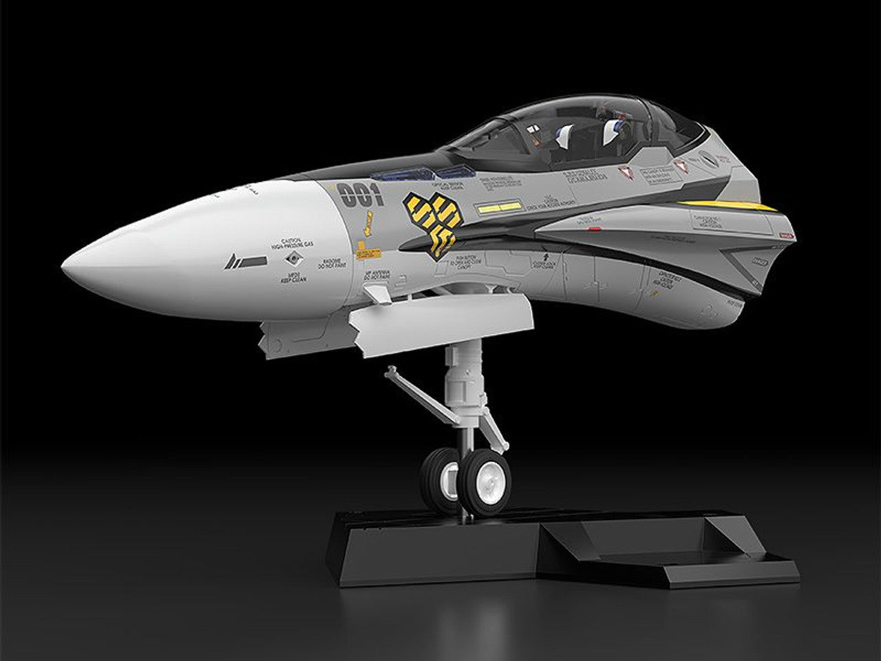Macross F PLAMAX MF-63 Minimum Factory 120 scale Fighter Nose Collection VF-25S with grey and yellow accents on a black display stand