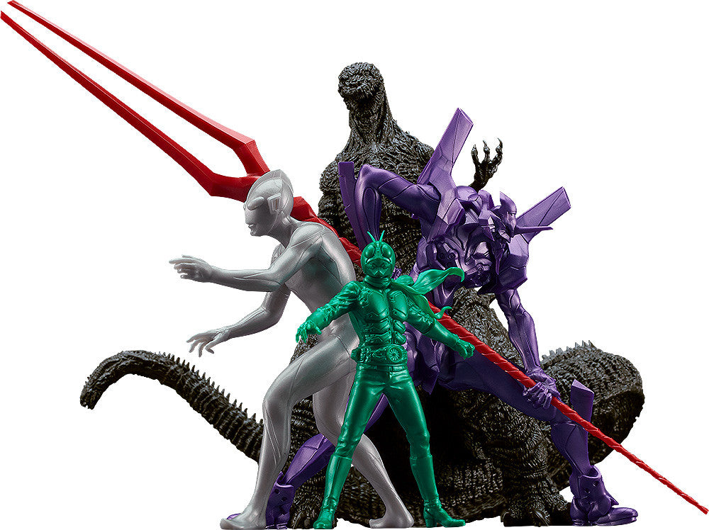 A group of figures including Godzilla Evangelion Unit-01 Ultraman and Kamen Rider posed together