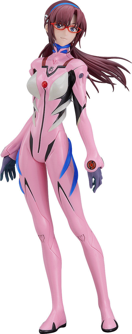 Evangelion figure of Mari Illustrious Makinami standing in a pink plugsuit, red glasses, and long brown hair