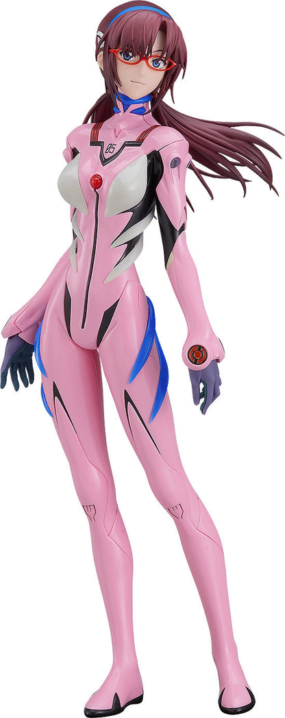 Evangelion figure of Mari Illustrious Makinami standing in a pink plugsuit, red glasses, and long brown hair