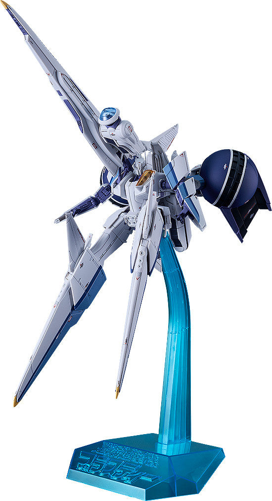 White and blue mecha model in dynamic flight pose on a translucent blue stand Features long wings and a dark blue sphere