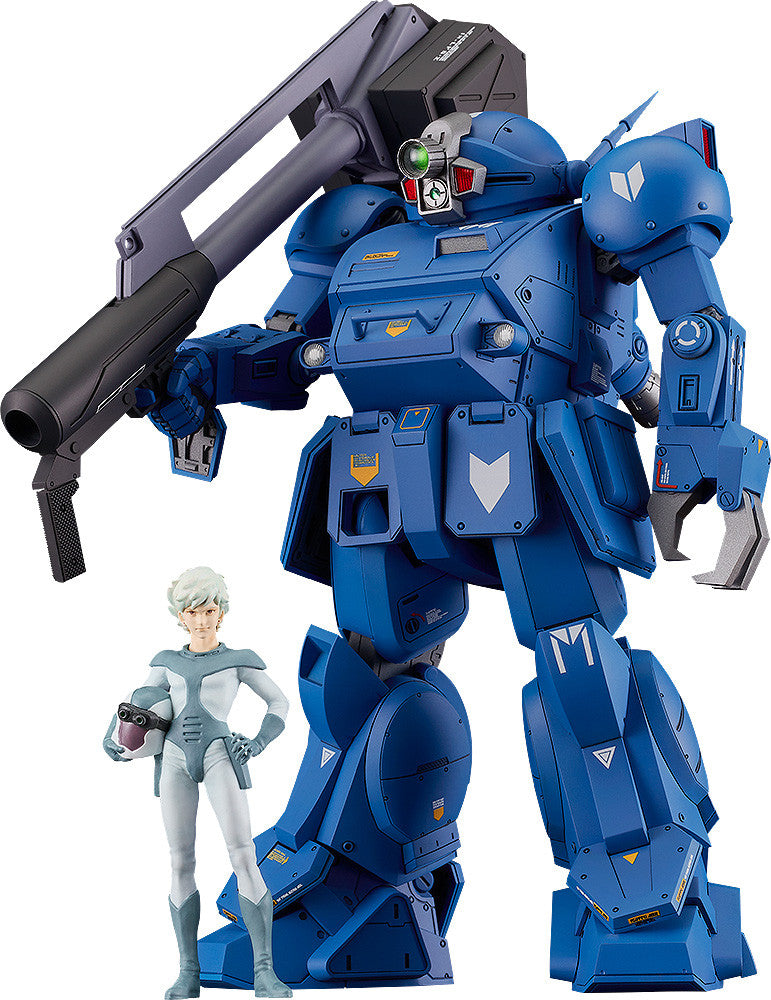 A large blue robot holding a rifle stands beside a pilot in a white suit holding a helmet