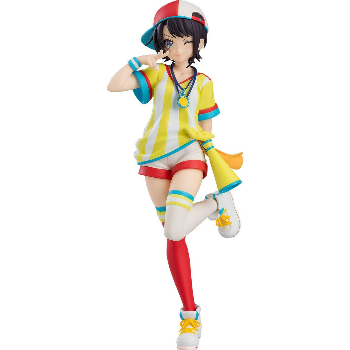 POP UP PARADE Oozora Subaru figure in yellow and white striped shirt red shorts and white shoes winking and holding a megaphone